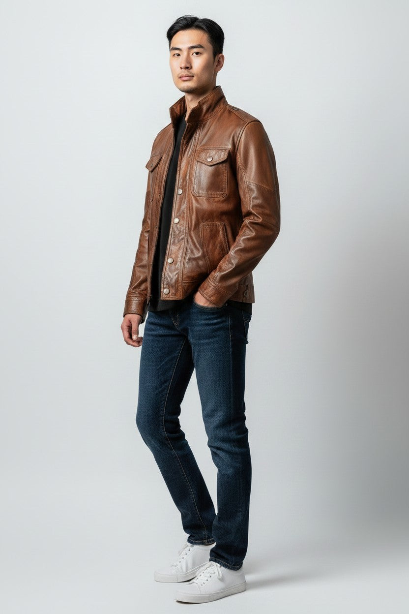 Scarlett Stitch men's brown leather field jacket with chest pockets and stand-up collar worn by a male model