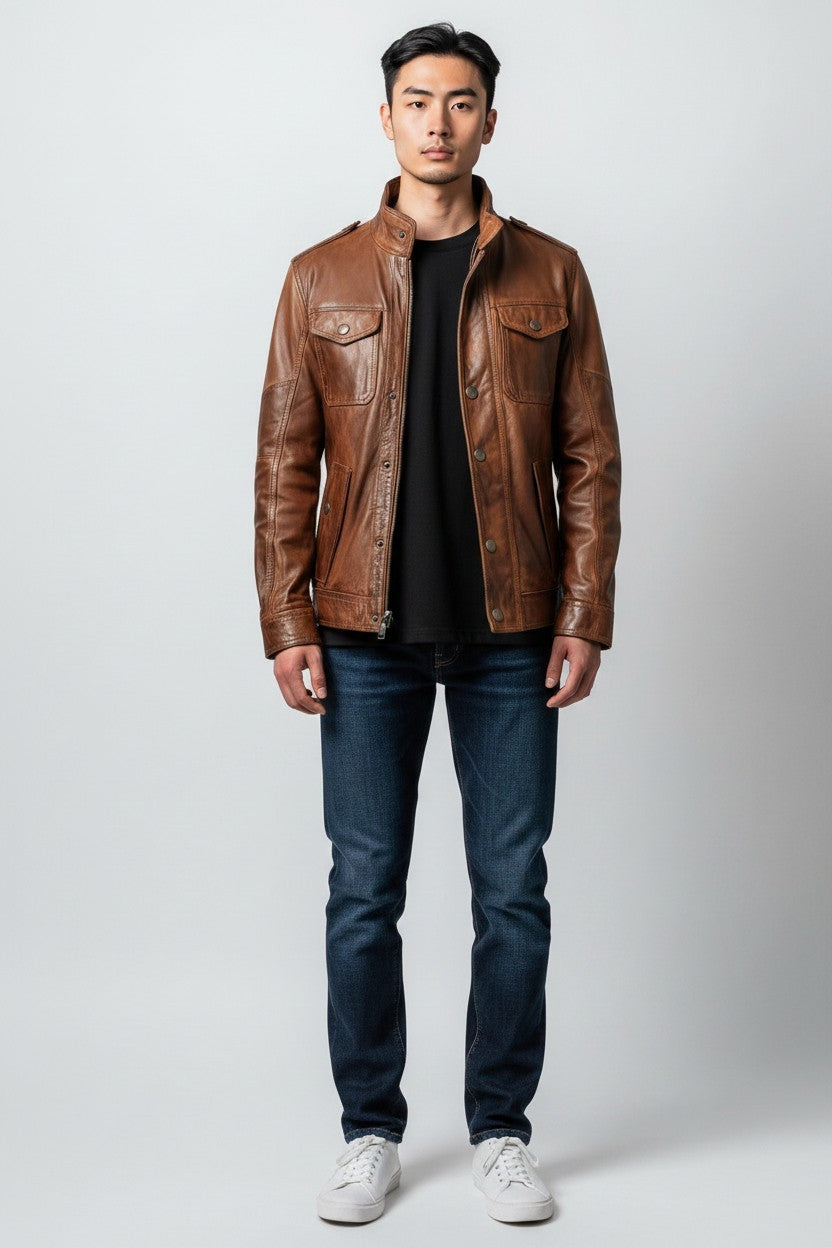 Scarlett Stitch men's brown leather field jacket with chest pockets, stand-up collar, and epaulettes on a male model.