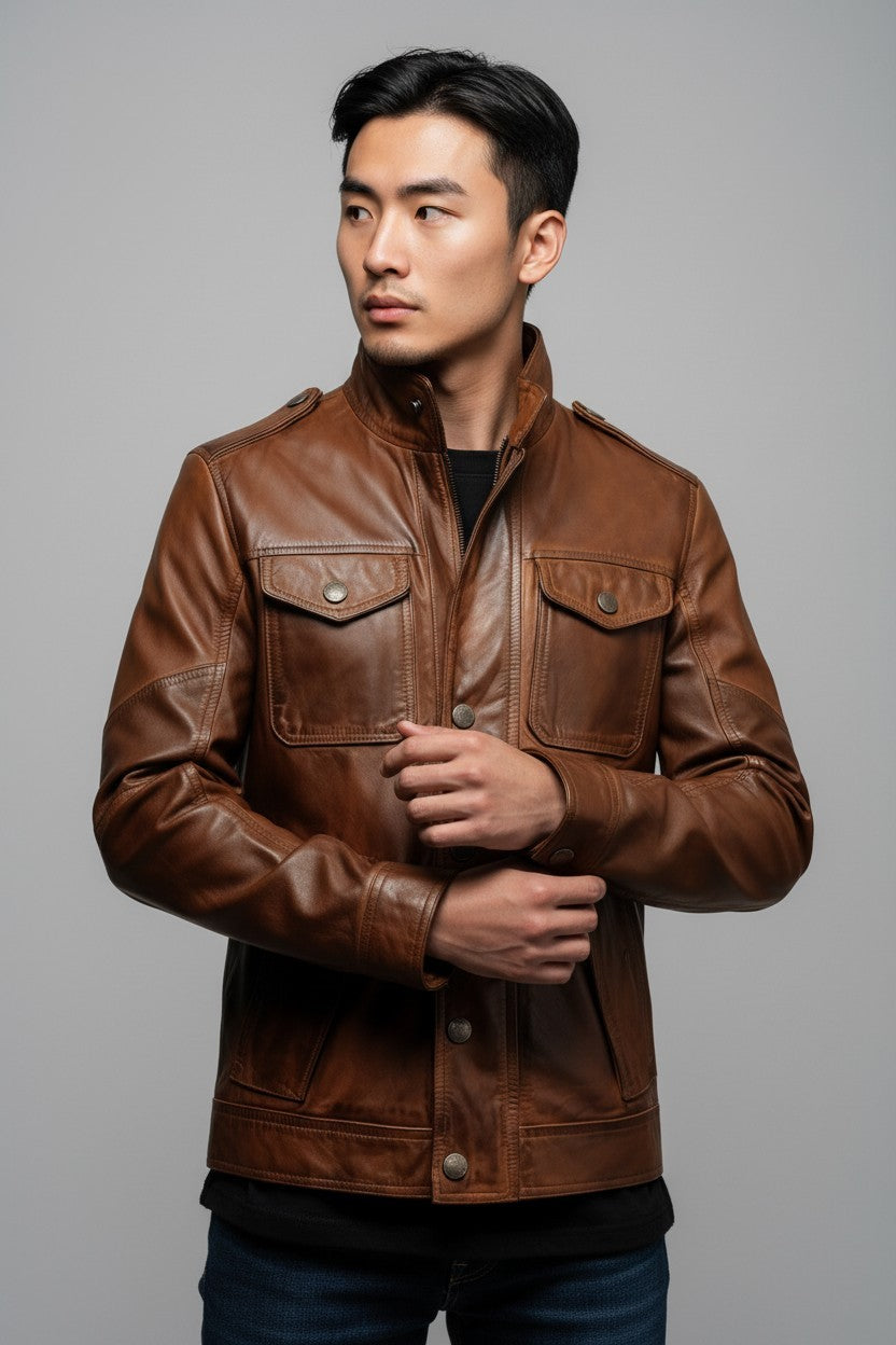 Scarlett Stitch men's brown leather field jacket with chest pockets, stand-up collar, and snap-button closure.