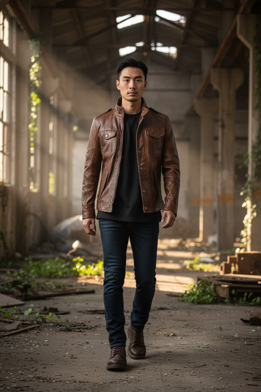 Scarlett Stitch men's brown leather field jacket with chest pockets and stand-up collar worn by a man in an industrial space