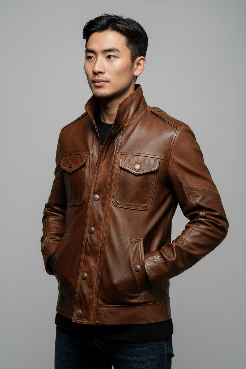 Scarlett Stitch men's brown leather field jacket with chest pockets, stand-up collar, and snap-button closure.