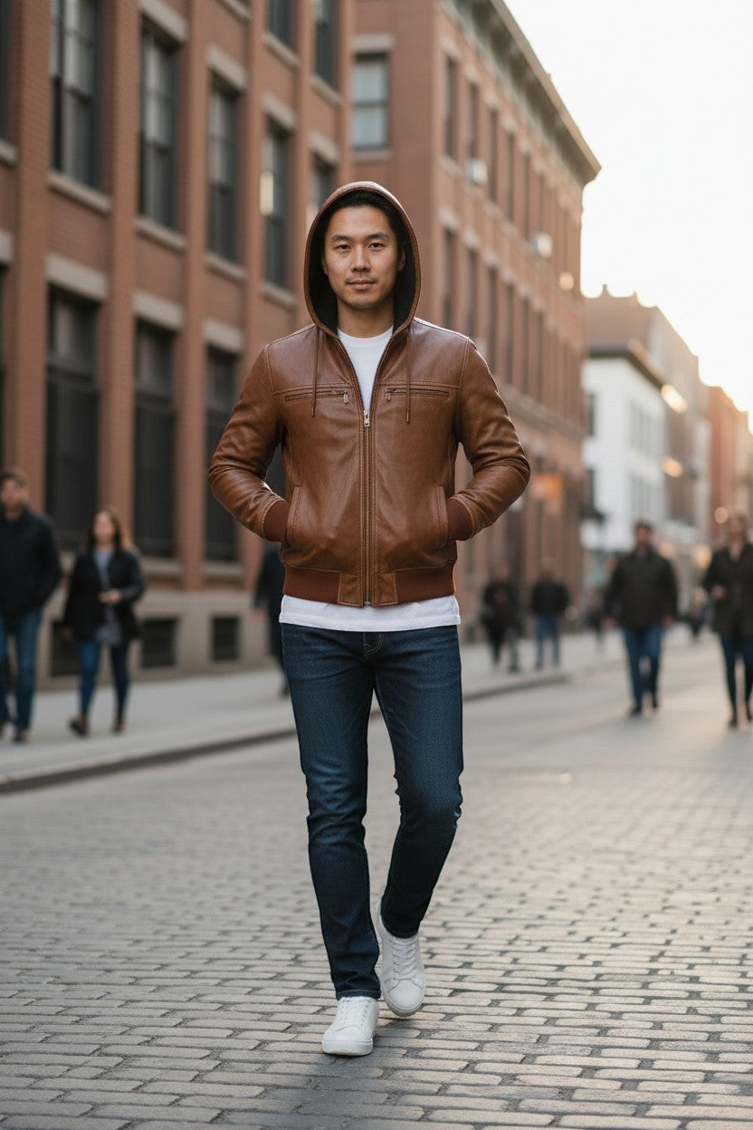 Scarlett Stitch men's distressed brown leather hooded bomber jacket with zip-up front and ribbed cuffs.