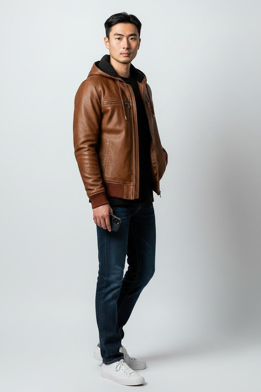 Scarlett Stitch men's distressed brown leather bomber jacket with attached hood, ribbed cuffs, and zip-up front.