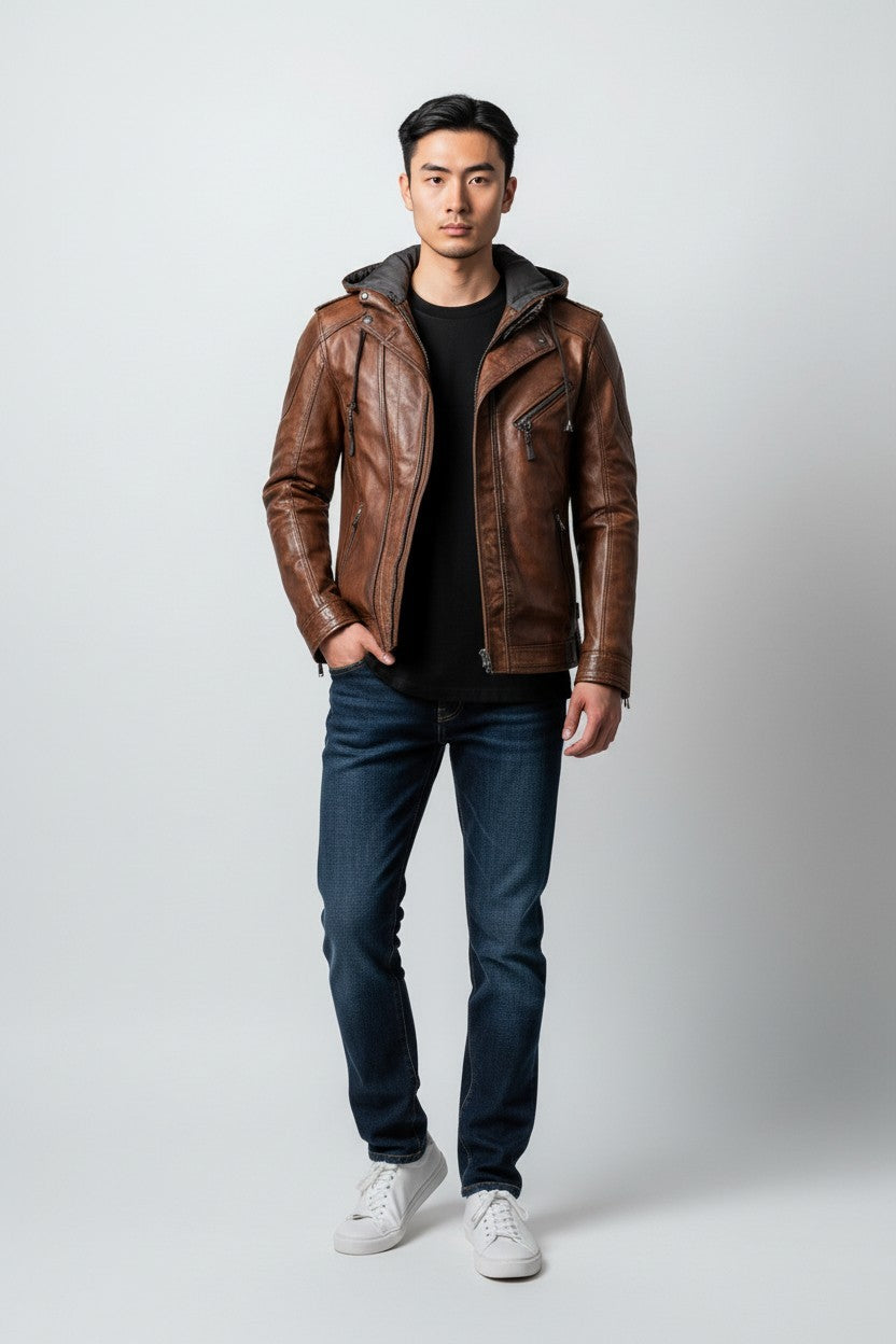 Scarlett Stitch men's brown distressed leather motorcycle jacket with a grey knit hood, worn with jeans and sneakers.