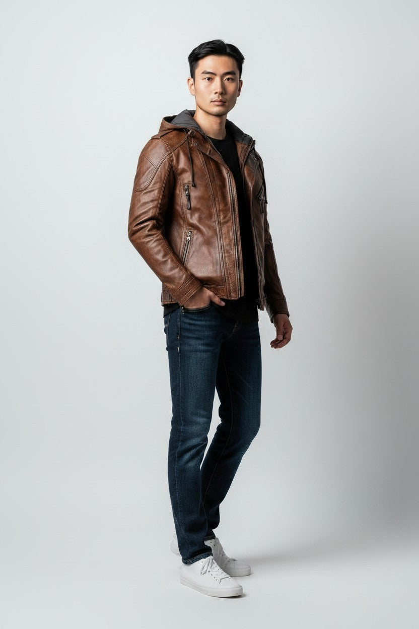 Scarlett Stitch men's brown distressed leather motorcycle jacket with a grey knit hood, worn with jeans and sneakers.