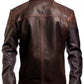 Scarlett Stitch men's distressed brown leather jacket with quilted shoulder detailing, back view.