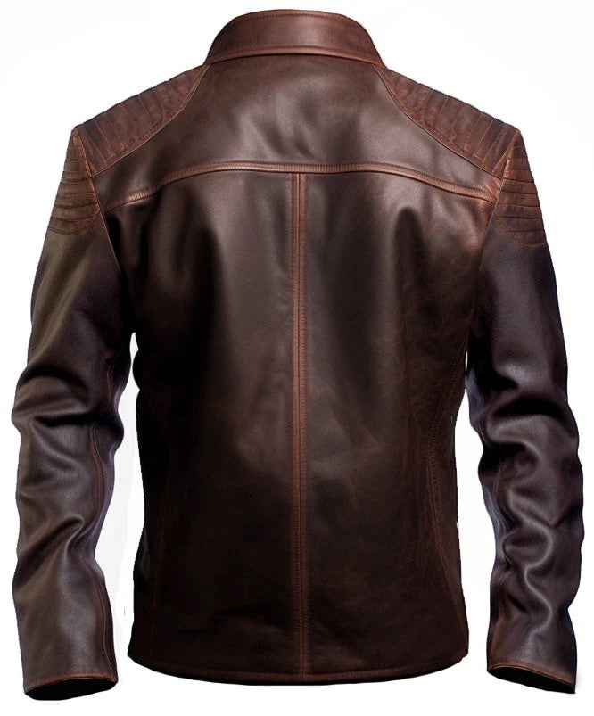 Scarlett Stitch men's distressed brown leather jacket with quilted shoulder detailing, back view.