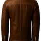 Back view of a Scarlett Stitch men's brown leather jacket with a stand-up collar and zippered cuffs.