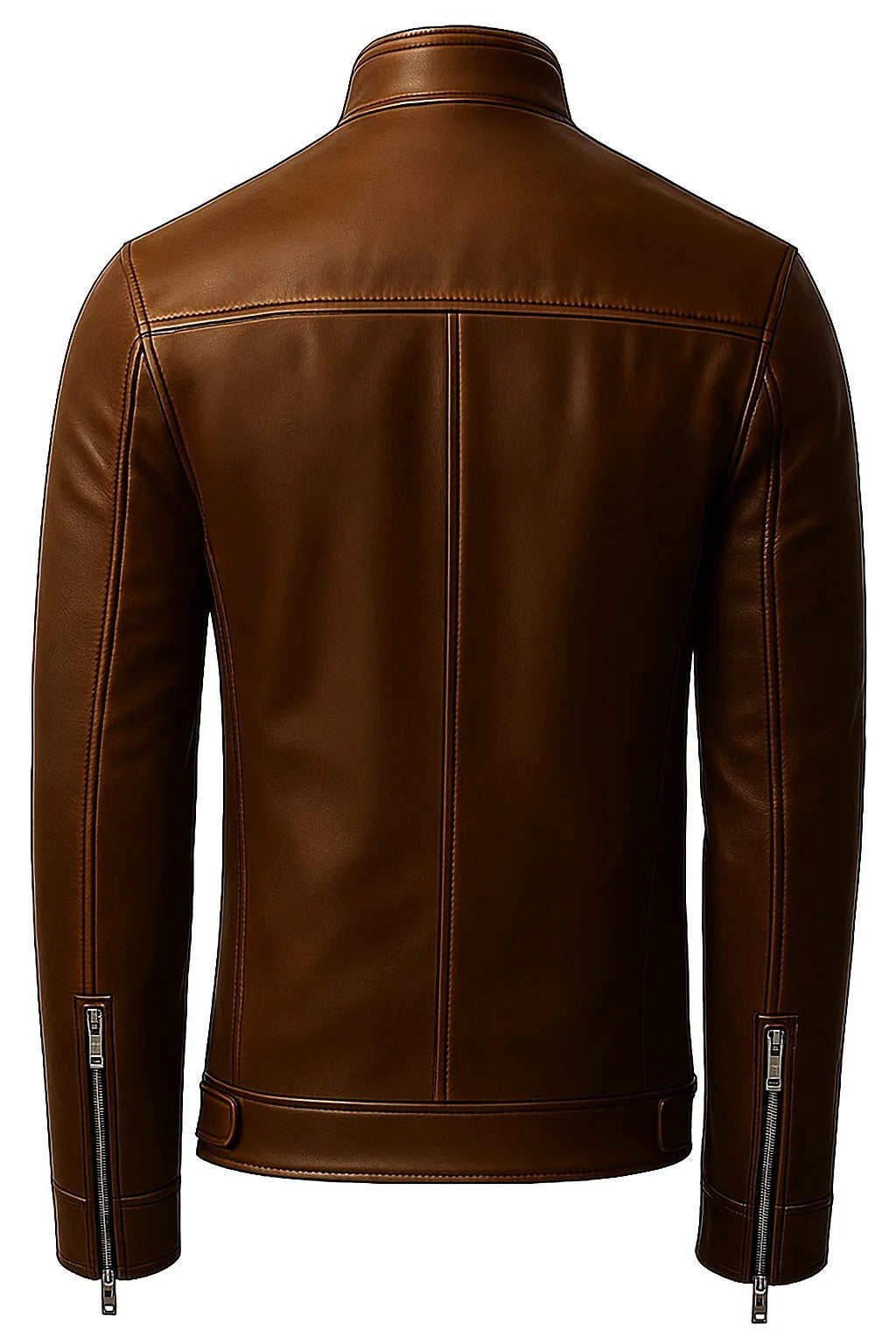 Back view of a Scarlett Stitch men's brown leather jacket with a stand-up collar and zippered cuffs.