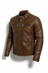 Scarlett Stitch men's distressed brown leather cafe racer jacket with quilted shoulders and zippered pockets.