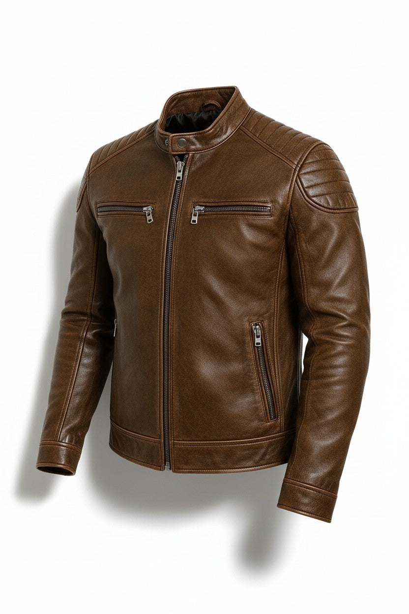 Scarlett Stitch men's distressed brown leather cafe racer jacket with quilted shoulders and zippered pockets.