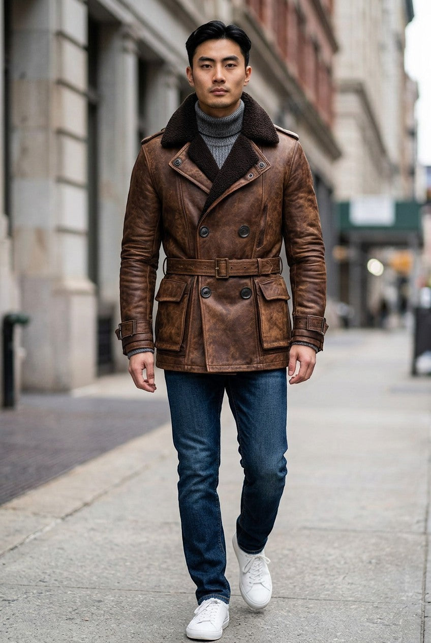 Scarlett Stitch brown distressed leather double-breasted jacket with shearling lining worn by a man on a city street.