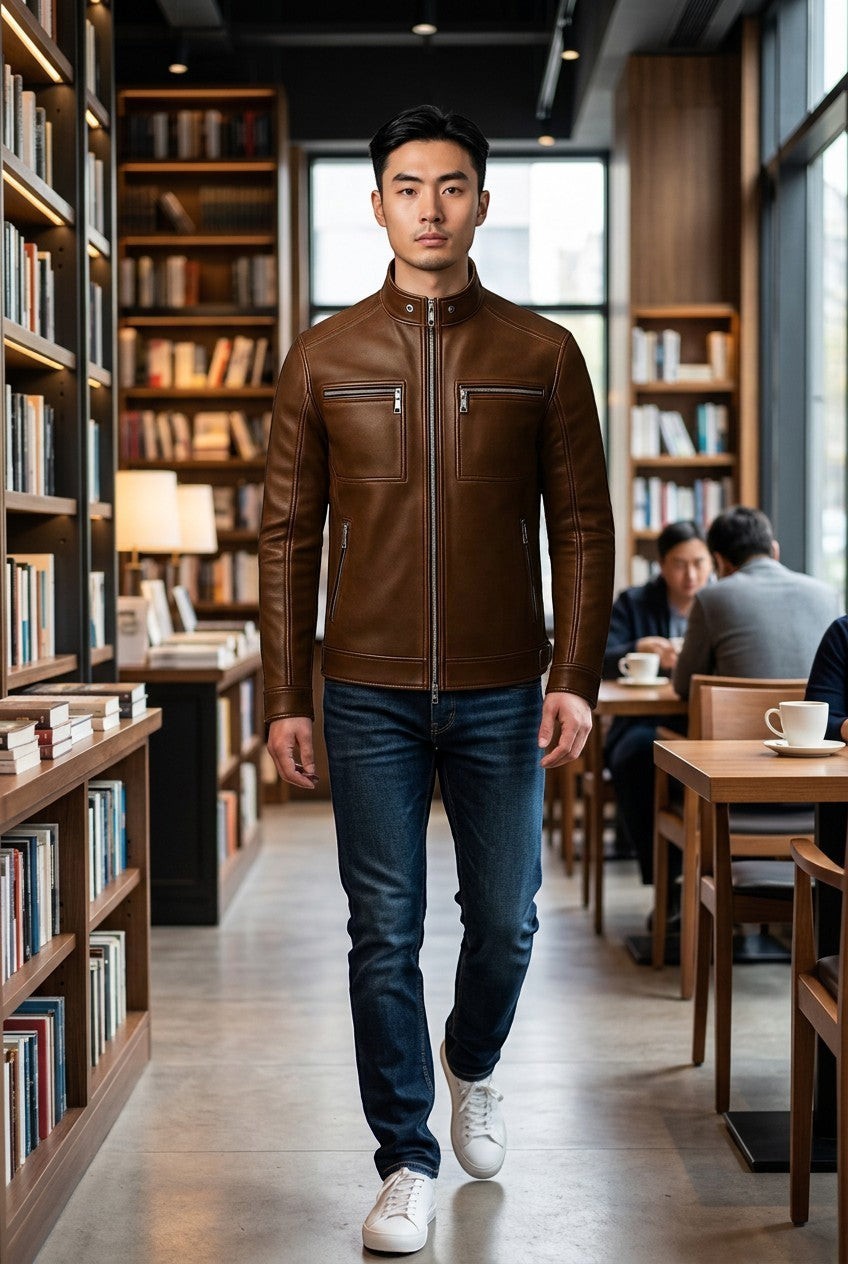 Man wearing a Scarlett Stitch brown leather jacket with a stand-up collar and zippered pockets in a library cafe.