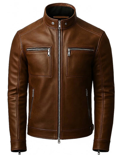 Scarlett Stitch men's brown leather jacket with a stand-up collar, metal zippers, and chest pockets.