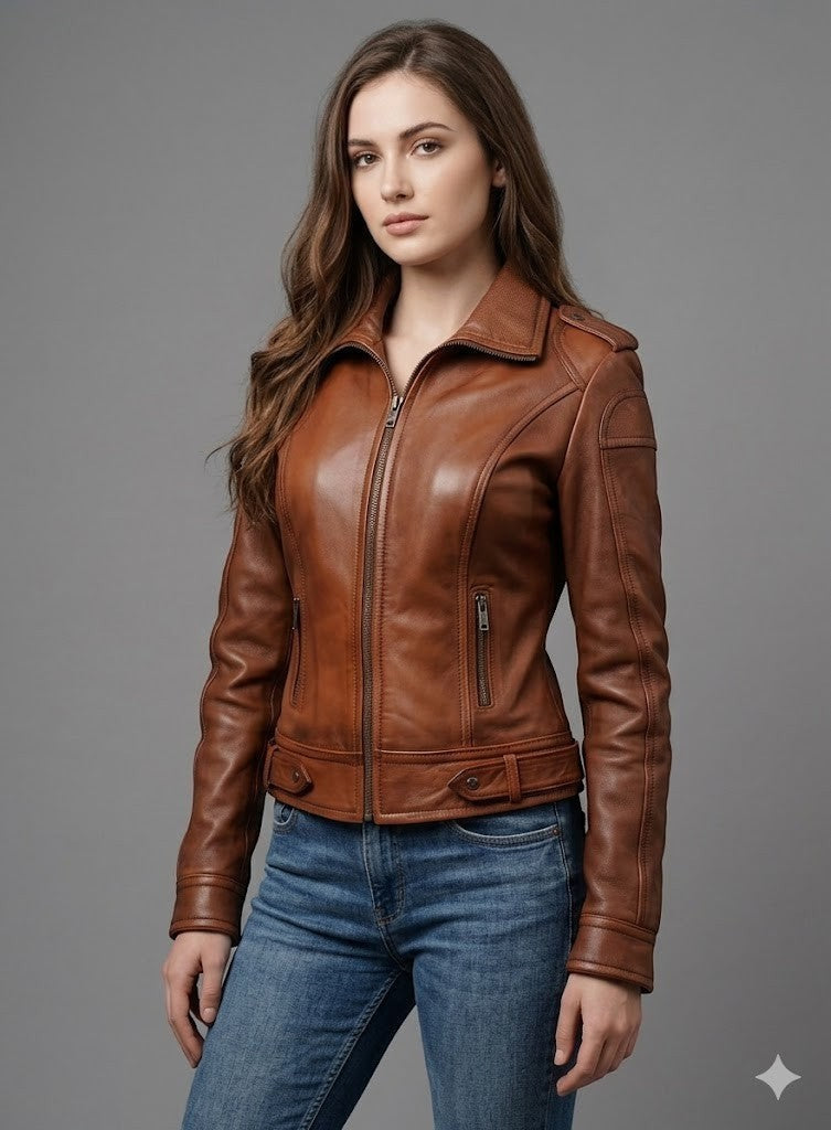 Scarlett Stitch Women's classic brown leather motorcycle jacket with zippered cuffs and buckle tabs.