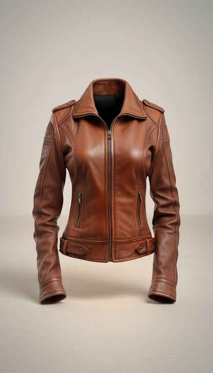 Scarlett Stitch women's classic brown leather motorcycle jacket with zippered cuffs and buckle tabs.