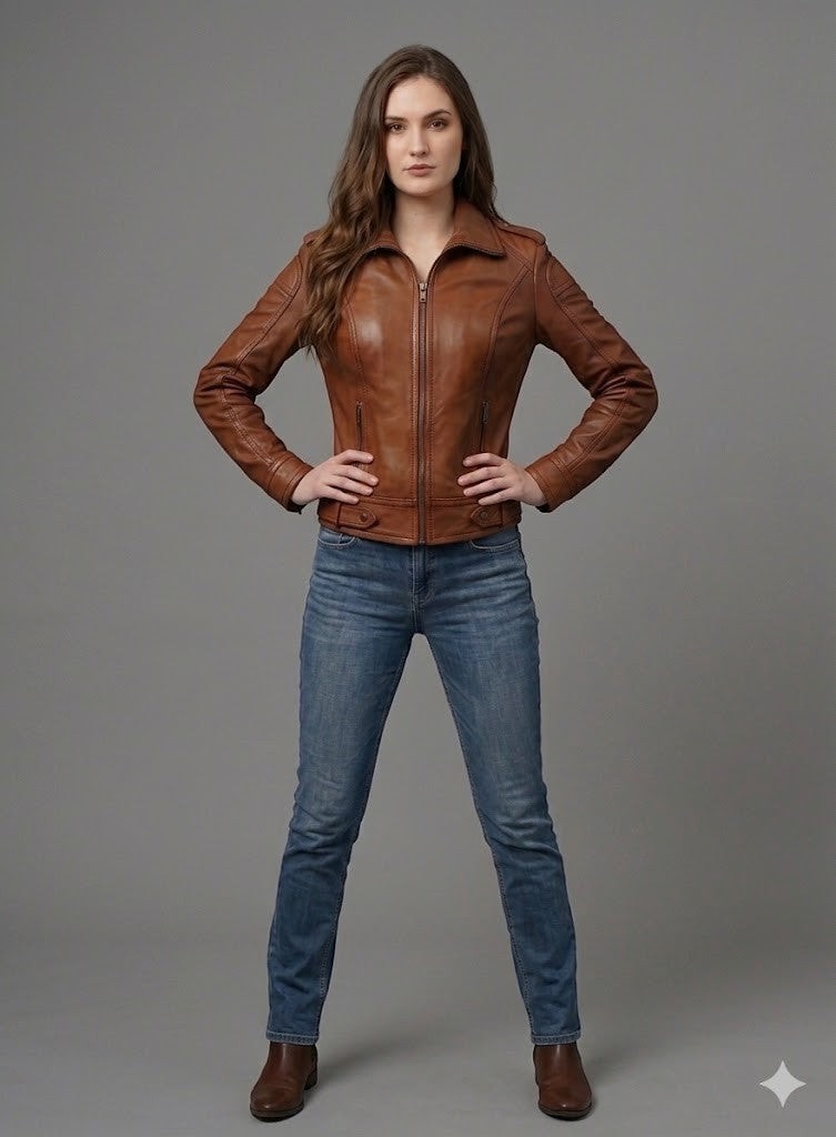 Scarlett Stitch Women's brown leather motorcycle jacket with zippered cuffs and buckle tabs. Tailored fit.