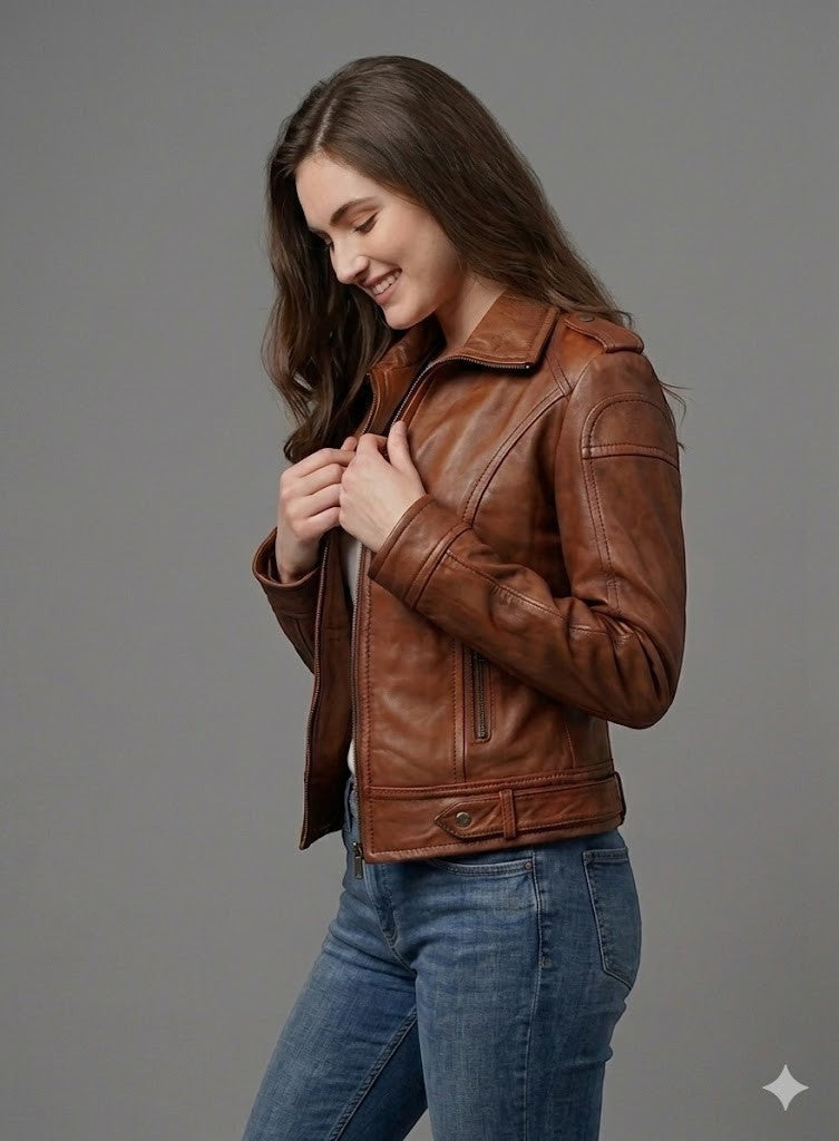 Scarlett Stitch Women's brown leather motorcycle jacket with zippered cuffs, epaulets, and buckle tabs.