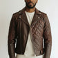Scarlett Stitch men's brown leather motorcycle jacket with diamond-quilted chest and ribbed sleeve detailing
