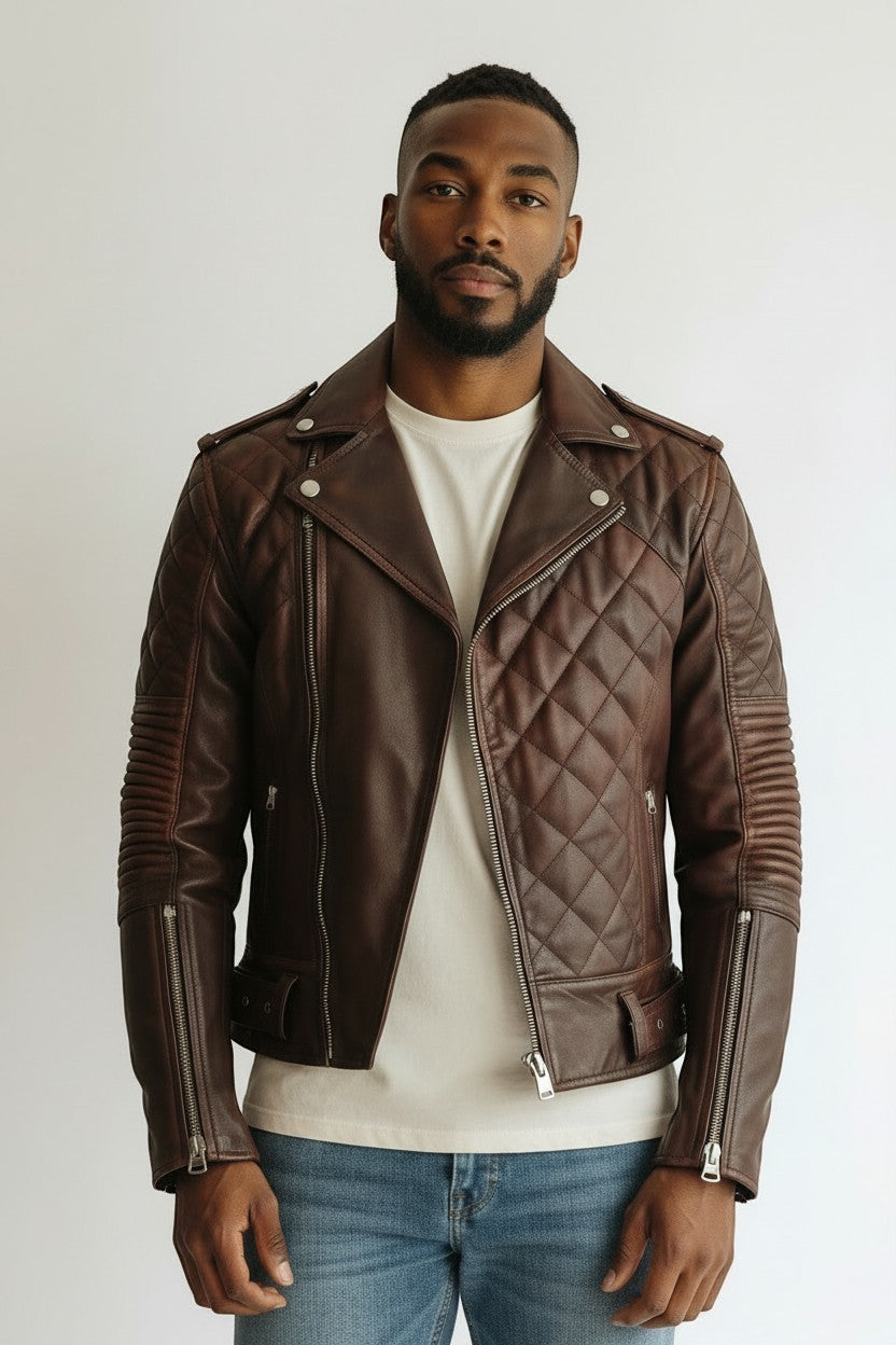 Scarlett Stitch men's brown leather motorcycle jacket with diamond-quilted chest and ribbed sleeve detailing