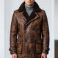 Scarlett Stitch men's brown distressed leather double-breasted pea coat with dark shearling lining and buckled cuffs.