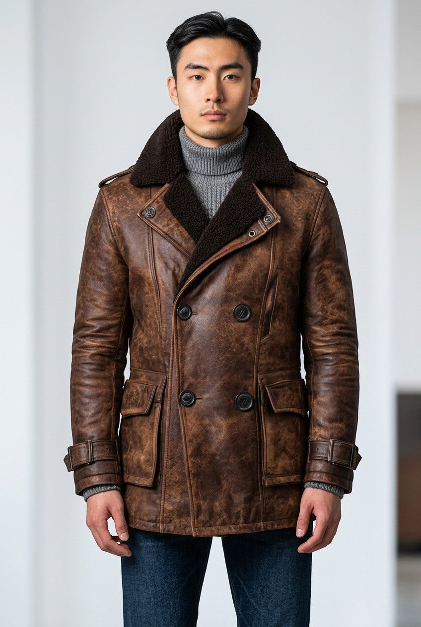 Scarlett Stitch men's brown distressed leather double-breasted pea coat with dark shearling lining and buckled cuffs.