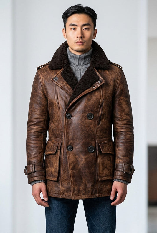 Scarlett Stitch men's brown distressed leather double-breasted pea coat with dark shearling lining and buckled cuffs.