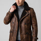 Scarlett Stitch men's brown distressed leather double-breasted winter jacket with dark shearling lining and buckled cuffs