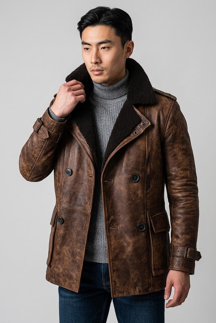 Scarlett Stitch men's brown distressed leather double-breasted winter jacket with dark shearling lining and buckled cuffs
