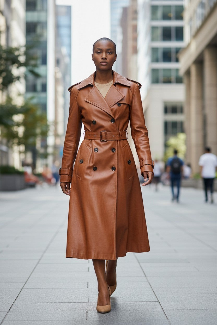 Scarlett Stitch brown leather trench coat with belt, double-breasted, epaulets, and flared skirt.