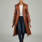 Scarlett Stitch classic brown leather trench coat with belt, double-breasted, epaulets, and storm flap.