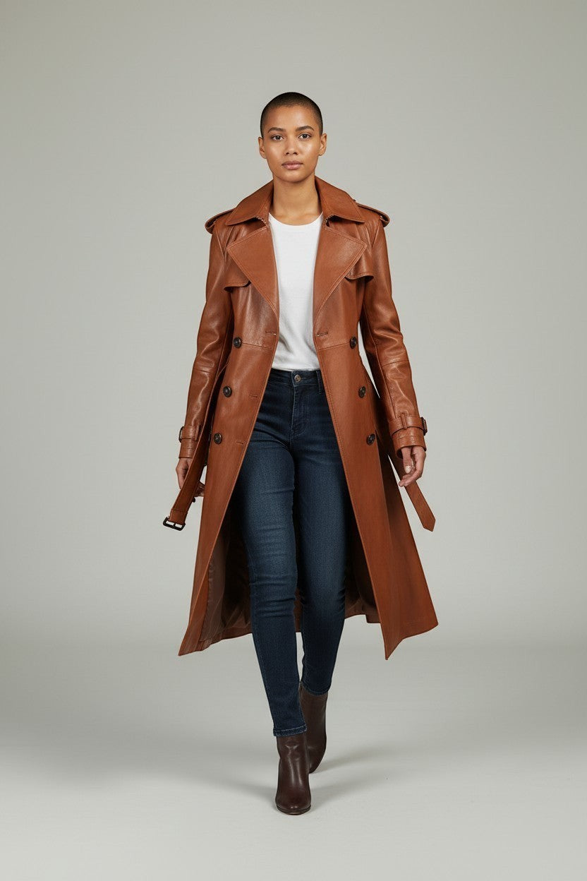 Scarlett Stitch classic brown leather trench coat with belt, double-breasted, epaulets, and storm flap.