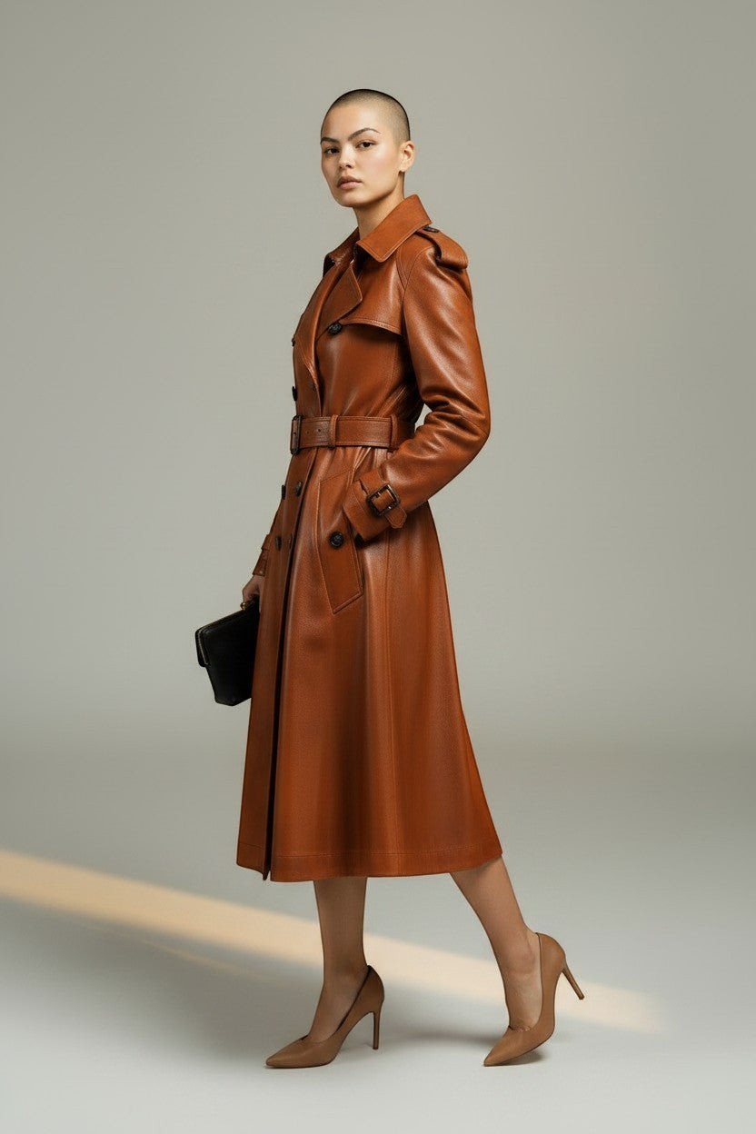 Scarlett Stitch brown leather trench coat with belt, double-breasted, epaulets, storm flap, flared skirt.