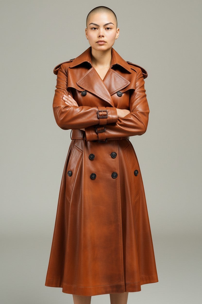 Scarlett Stitch brown leather trench coat with belt, double-breasted, epaulets, and flared skirt.