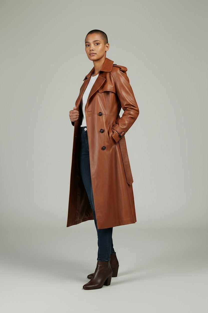 Scarlett Stitch classic brown leather trench coat with belt, double-breasted, epaulets, and storm flap.
