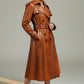 Scarlett Stitch classic brown leather trench coat with belt, double-breasted, flared skirt, and epaulets.