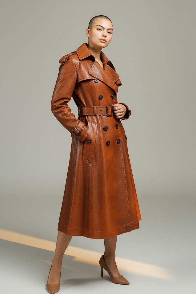Scarlett Stitch classic brown leather trench coat with belt, double-breasted, flared skirt, and epaulets.