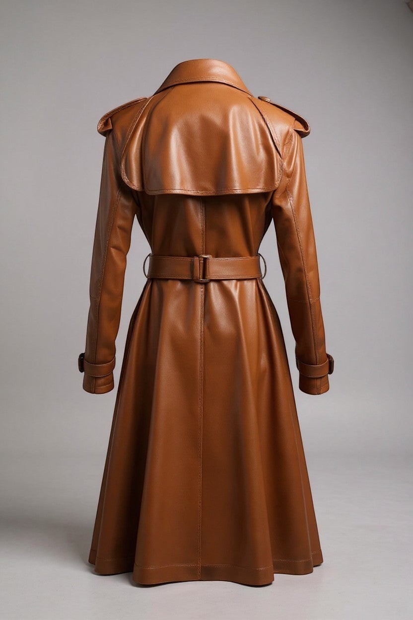Scarlett Stitch classic brown leather trench coat with belt, double-breasted, epaulets, and flared skirt.