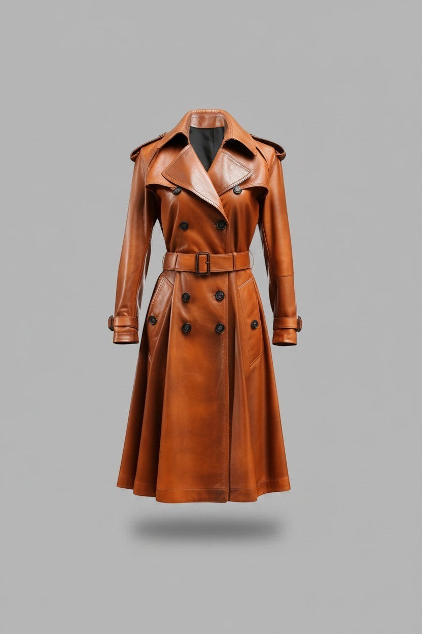 Scarlett Stitch classic brown leather trench coat with belt, double-breasted, flared skirt, and epaulets.