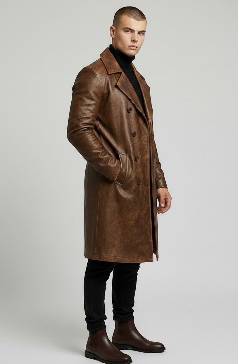 Scarlett Stitch men's brown distressed leather double-breasted trench coat worn by a model in a side profile view.