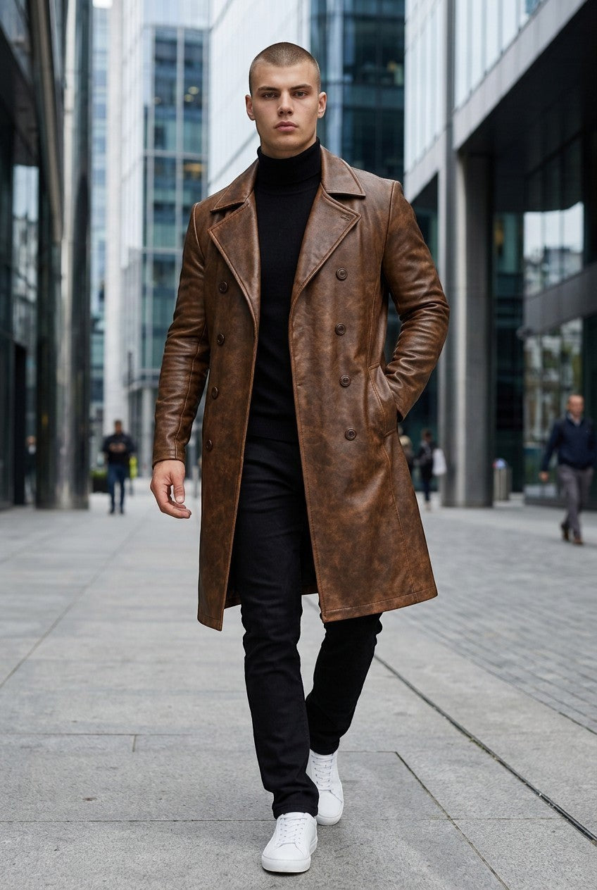 Scarlett Stitch men's distressed brown leather double-breasted trench coat worn by a model in a city setting.