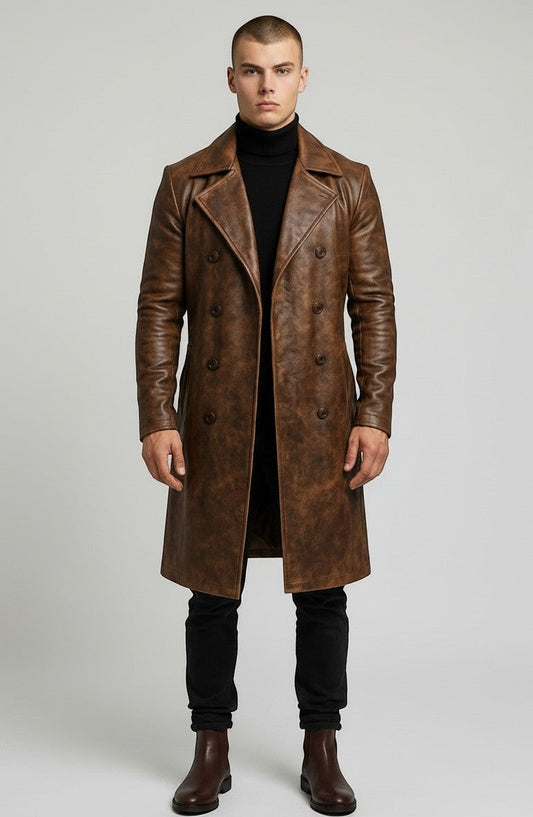 Scarlett Stitch men's brown distressed leather double-breasted trench coat worn by a model with a black turtleneck.