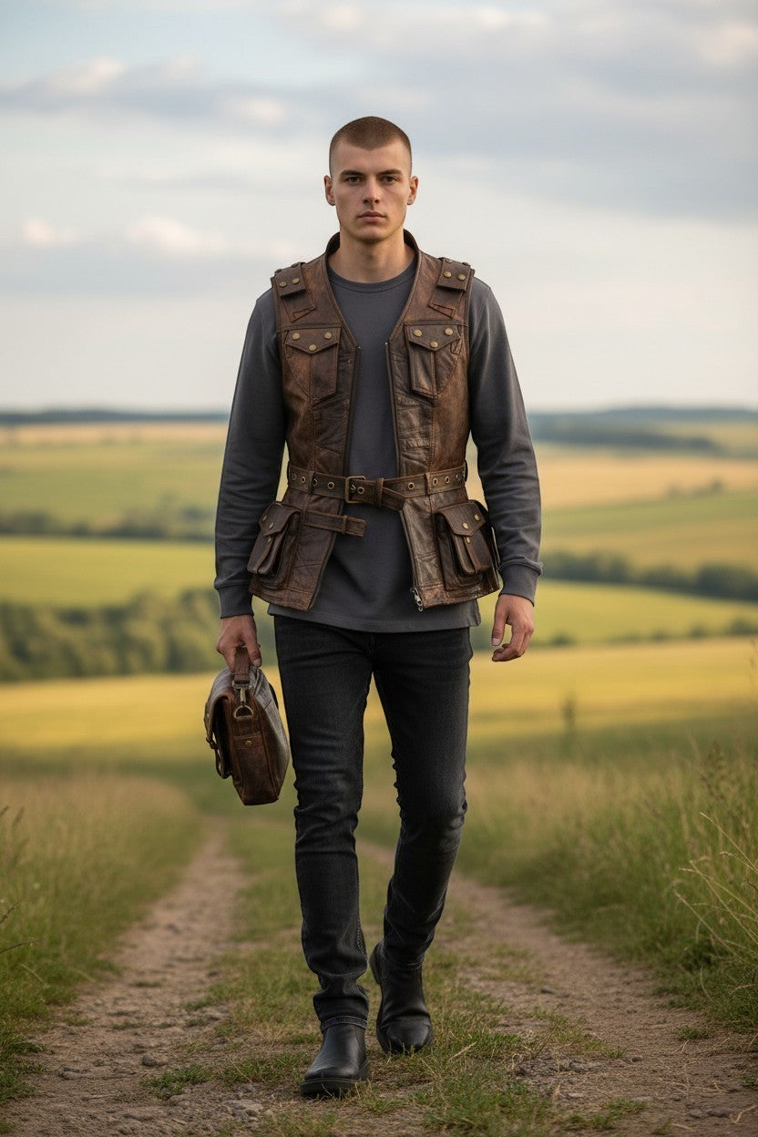 Man wearing a Scarlett Stitch brown distressed leather utility vest with pockets and belt in a rural field.