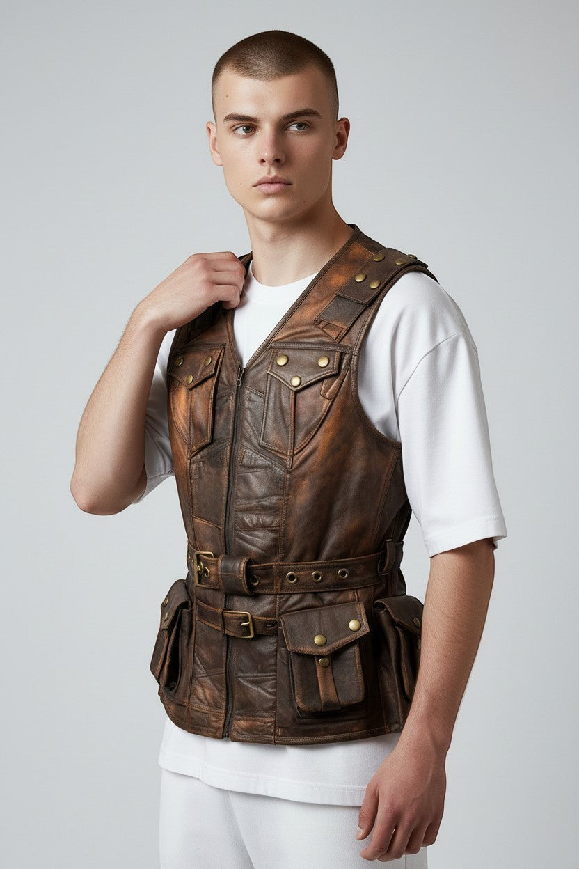 Scarlett Stitch brown distressed leather utility vest with multiple snap pockets and adjustable waist belt on a model.