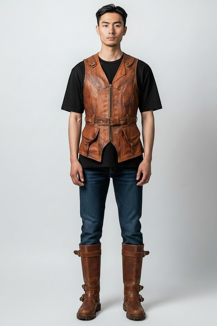Model wearing a Scarlett Stitch brown distressed leather utility vest with front pockets, zipper, and waist belt.