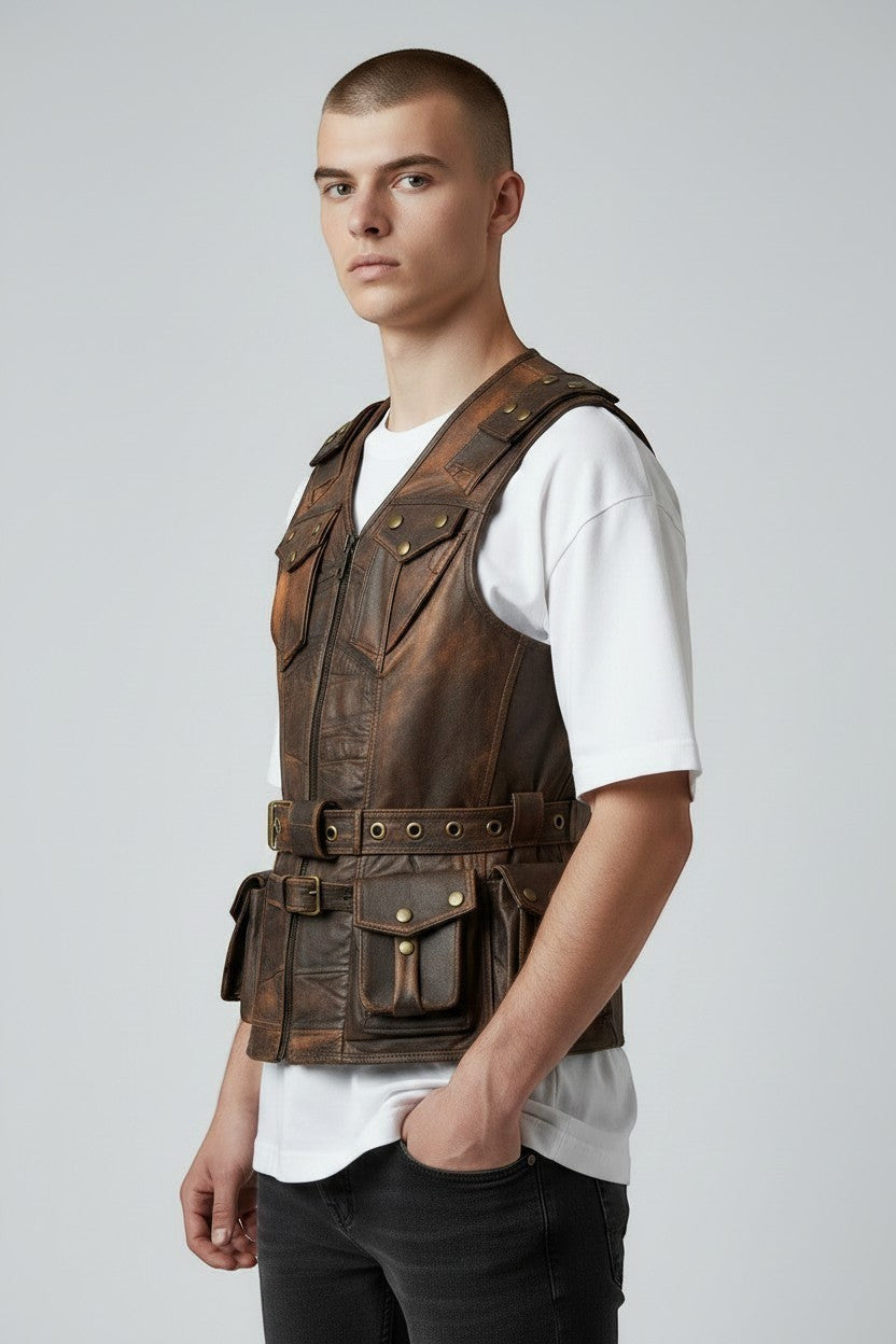 Model wearing a brown distressed leather utility vest by Scarlett Stitch with multiple pockets and adjustable belt.