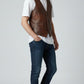Scarlett Stitch distressed brown leather V-neck button-front vest with flap pockets.