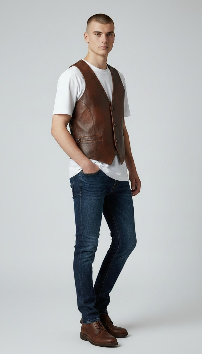 Scarlett Stitch distressed brown leather V-neck button-front vest with flap pockets.