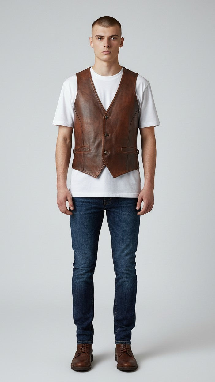 Scarlett Stitch distressed brown leather vest with V-neck, button front, and flap pockets, worn over a white t-shirt.