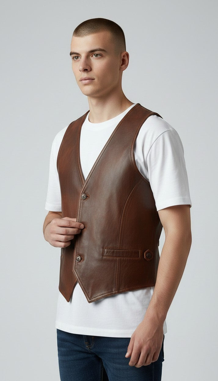Scarlett Stitch distressed brown leather V-neck button-front vest with flap pockets and adjustable side tabs.